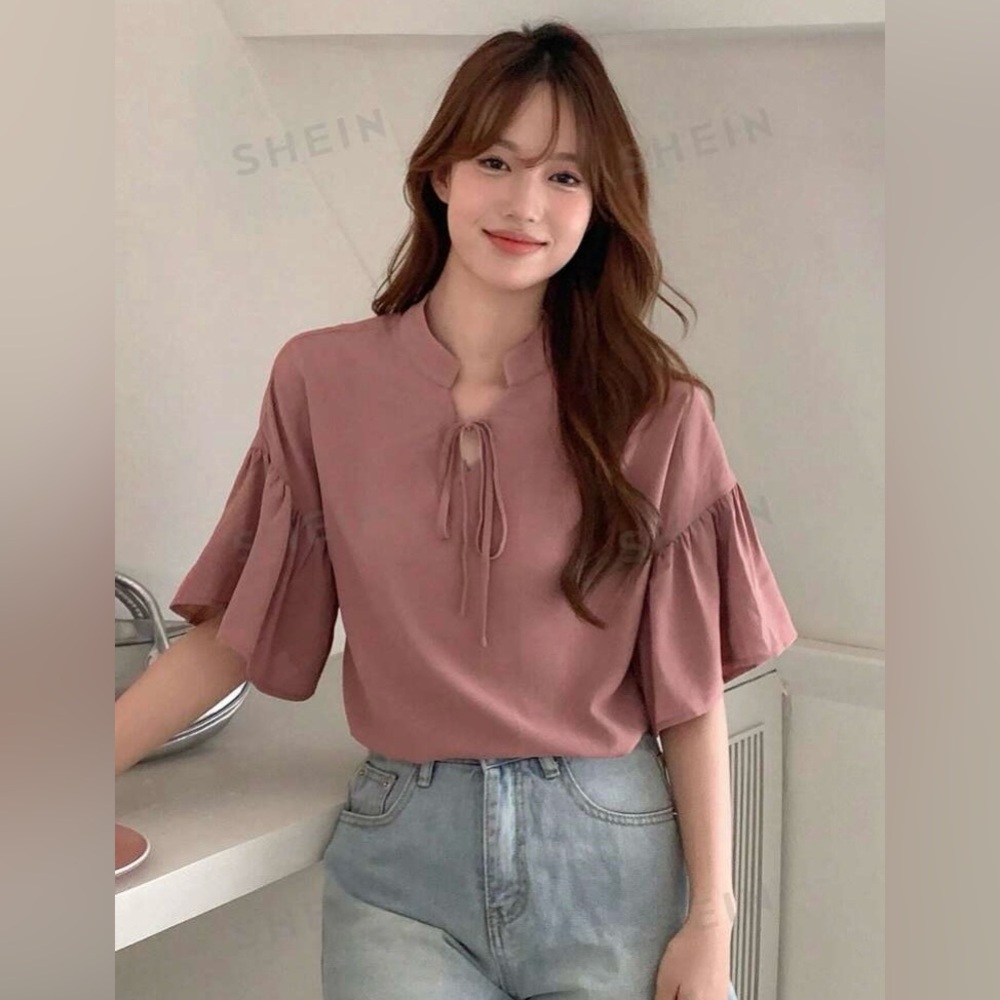 A04 NEW Womens Tie Neck Flounce Half Sleeve Blouse Y Neck Top Salmon Flowy Small